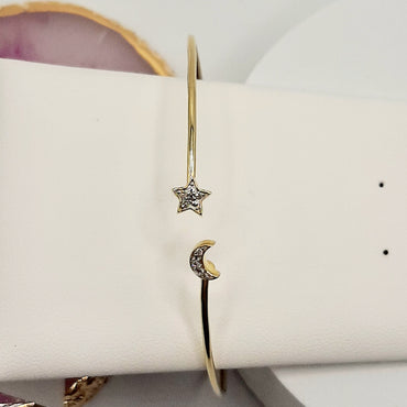 10 Karat Yellow Gold Star and Moon Diamond Bangle Bracelet