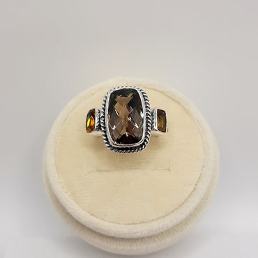 Bali Oxidized Sterling Silver Ring Featuring A  Rectangular Faceted Smokey Topaz