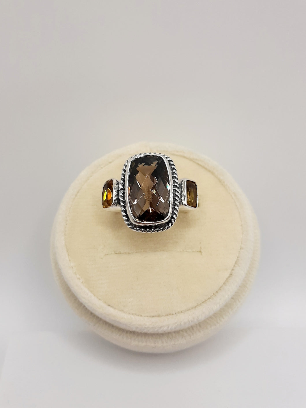 Bali Oxidized Sterling Silver Ring Featuring A  Rectangular Faceted Smokey Topaz