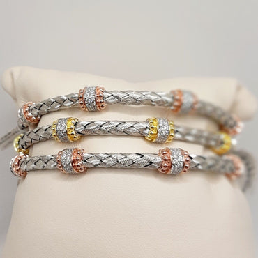 Sterling Silver and Yellow Gold and Rose Gold Plate Cable Cuff bracelets Featuring Cubic Zirconium's