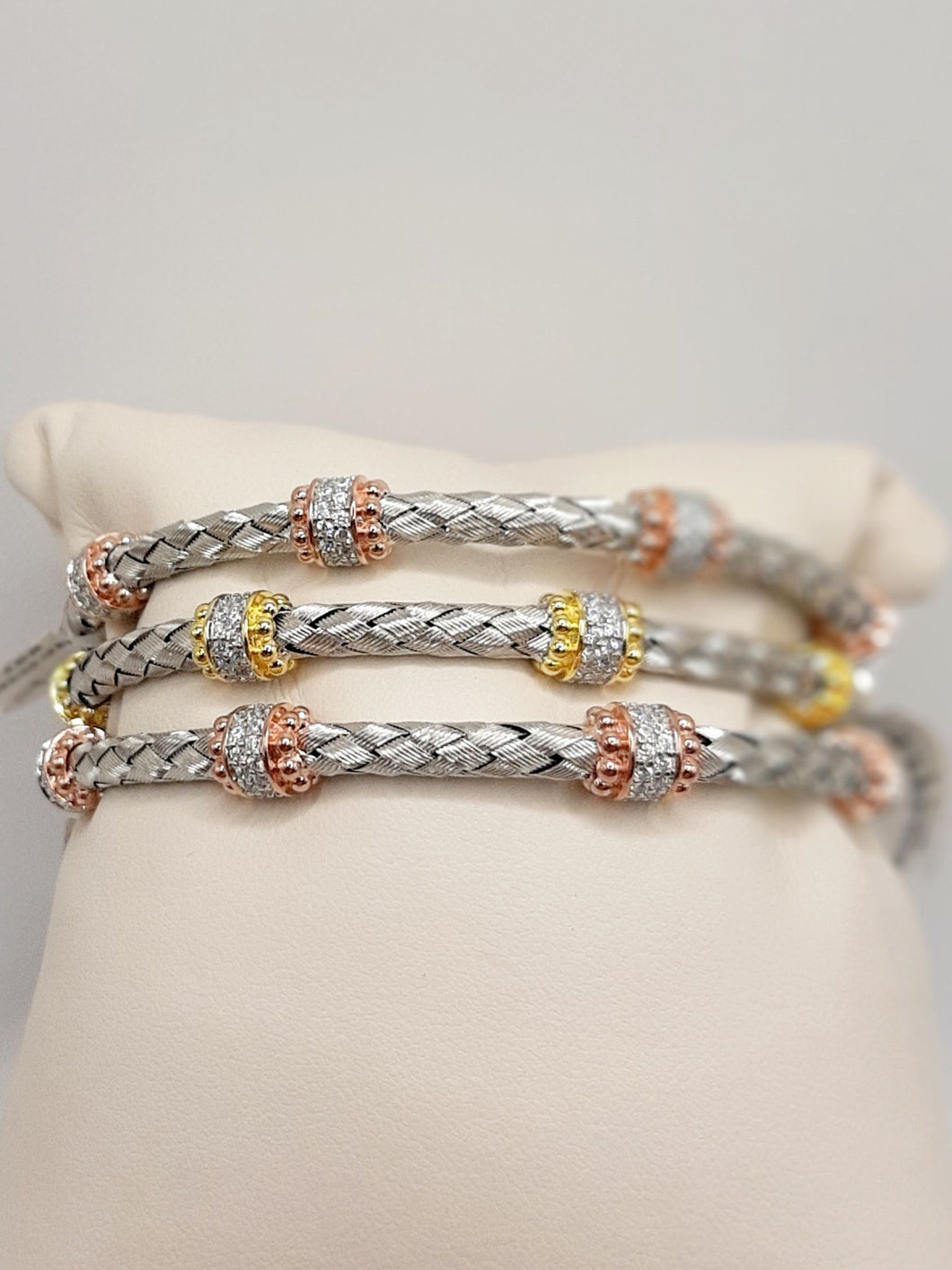 Sterling Silver and Yellow Gold and Rose Gold Plate Cable Cuff bracelets Featuring Cubic Zirconium's