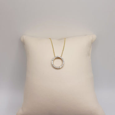 14Kt Yellow Gold Circle Necklace featuring .25 Carats of Round Brilliant Cut Diamonds on an adjustable 16-18
