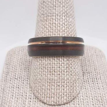 Tungsten Band Featuring Rose Gold Plate and Whiskey Wood