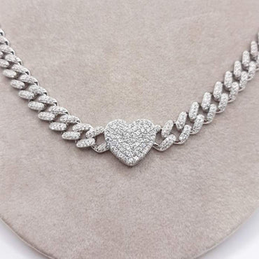 Sterling Silver Monaco Chain With Heart Center Featuring Micro Pave Cubic Zirconium   18