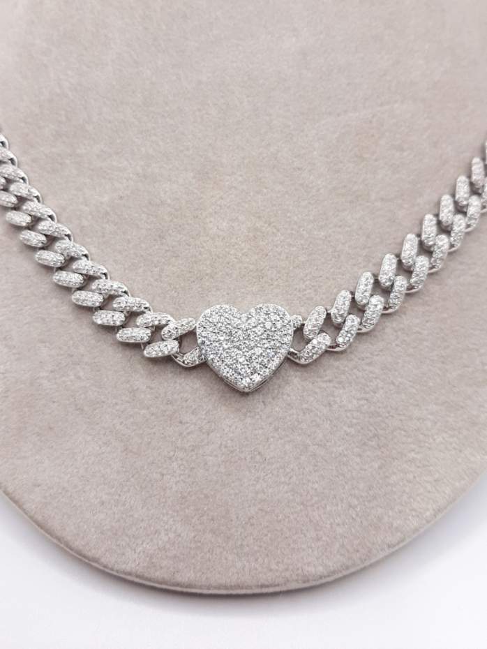 Sterling Silver Monaco Chain With Heart Center Featuring Micro Pave Cubic Zirconium   18