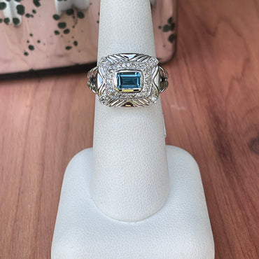 SS Blue Topaz and Diamond Ring