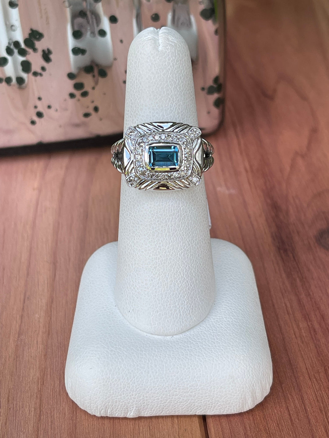 SS Blue Topaz and Diamond Ring