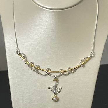 Sterling Silver, Gold Vermeil, and Pearl Anchor and Pearl Necklace