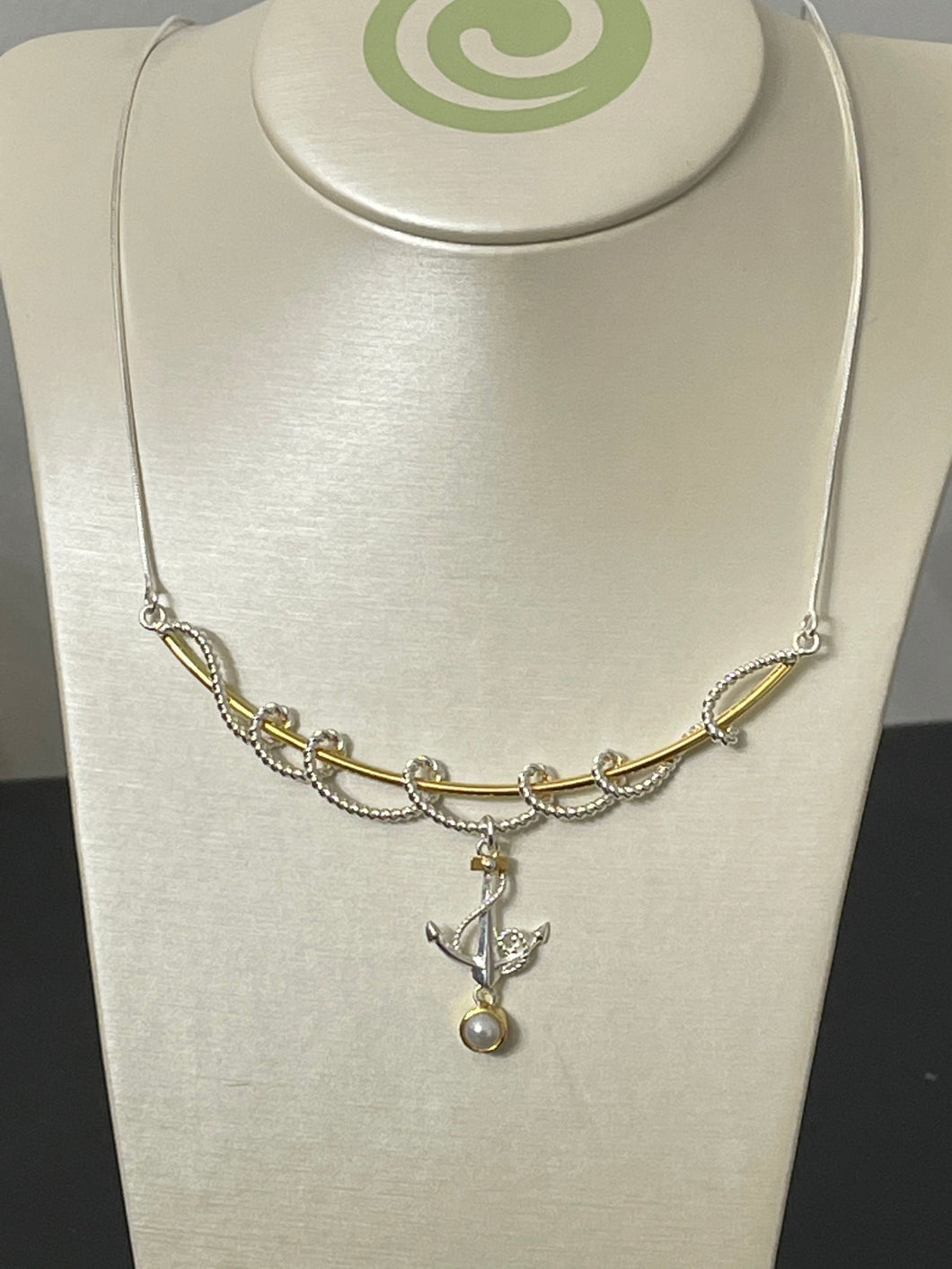 Sterling Silver, Gold Vermeil, and Pearl Anchor and Pearl Necklace