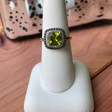 YG Peridot Ring with Chocolate and White Diamonds